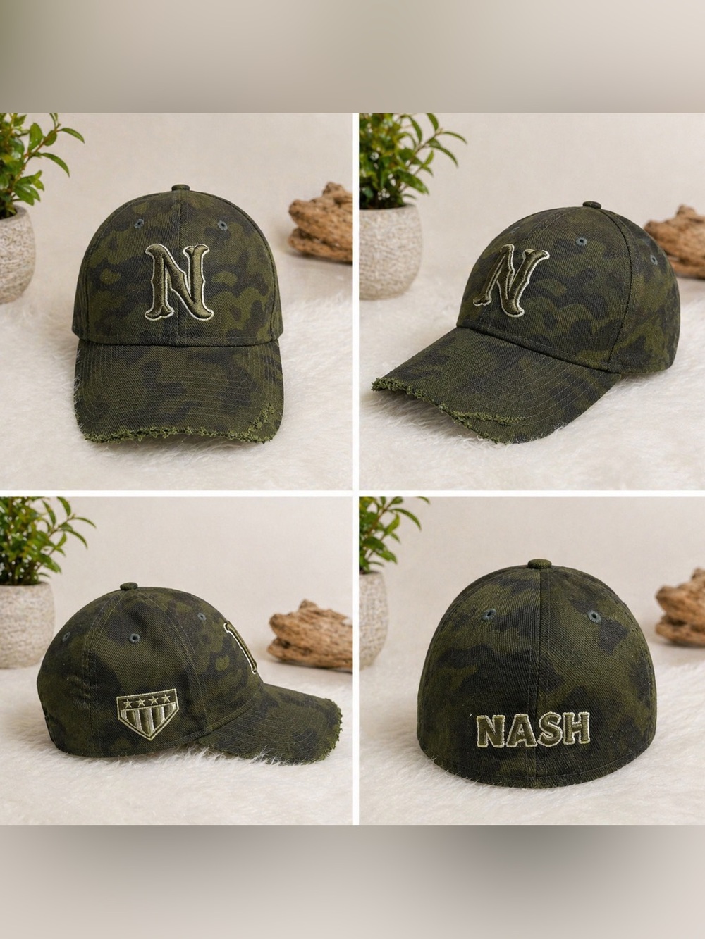 New Era 39THIRTY Camo Hat Distressed N Logo NASH Stretch Fit M/L